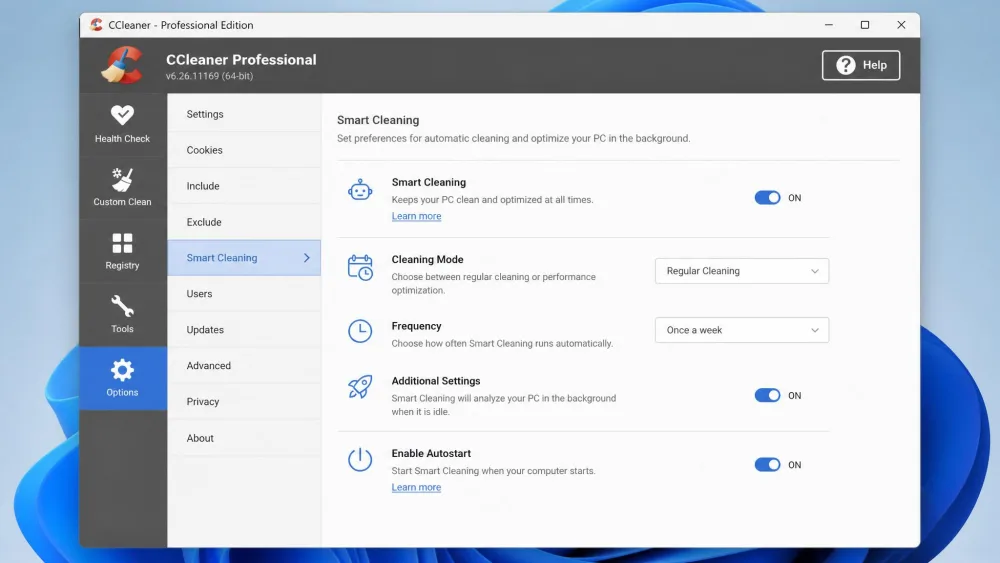 The CCleaner Options window on Windows 11 showing the Smart Cleaning entry highlighted before autostart is turned off.