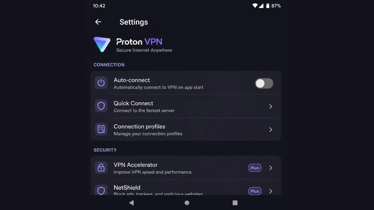 Proton VPN Android settings screen with the auto-connect toggle switched off, shown against the app's dark interface.