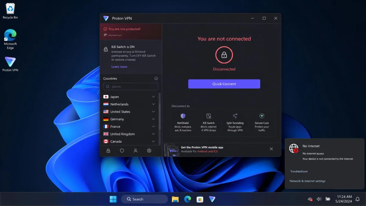 A Windows desktop showing no internet access while the Proton VPN app sits disconnected, illustrating a permanent kill switch lockout.