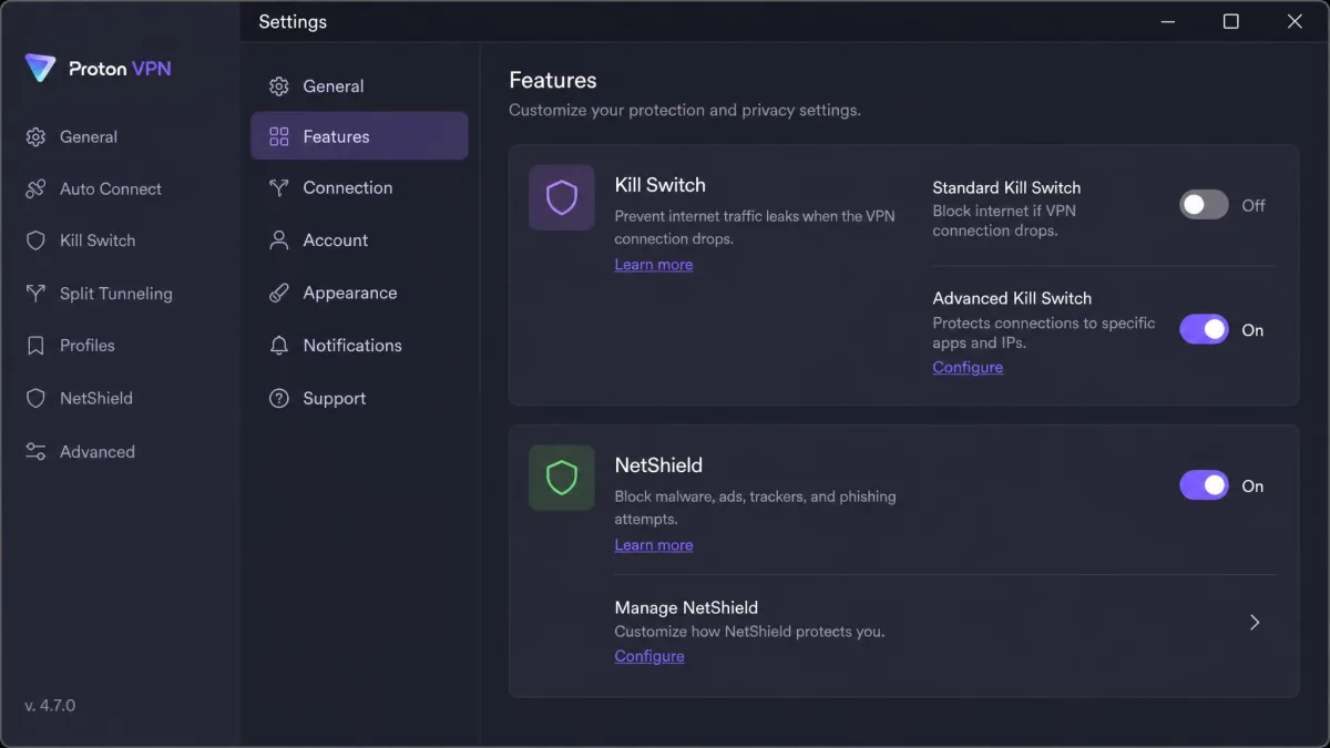 Proton VPN Windows Settings panel open to the Features tab, showing the kill switch and NetShield toggles with the standard kill switch turned off.