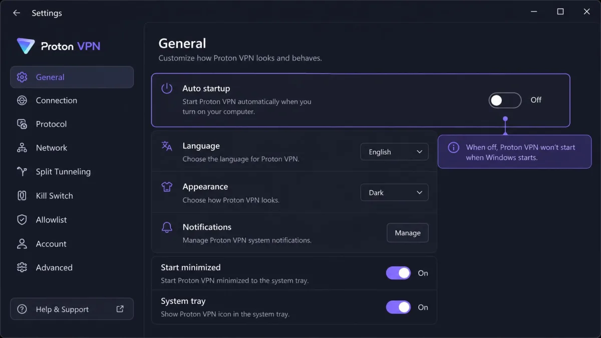 Proton VPN Windows Settings on the General tab with the Auto startup option toggled off, highlighting the start-on-boot control.