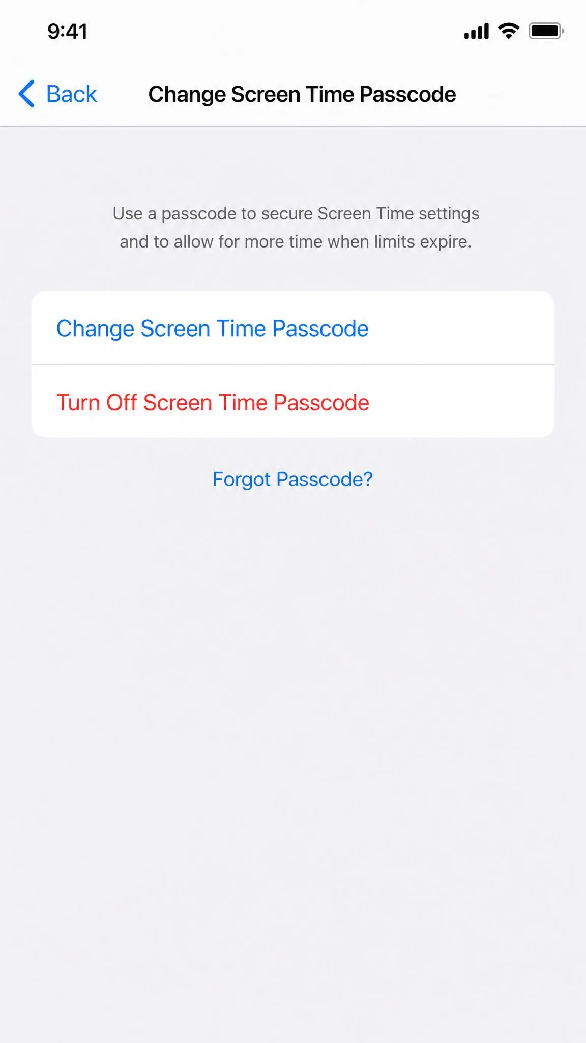The Change Screen Time Passcode screen on an iPhone showing the Change Screen Time Passcode and Turn Off Screen Time Passcode options along with the Forgot Passcode? link.