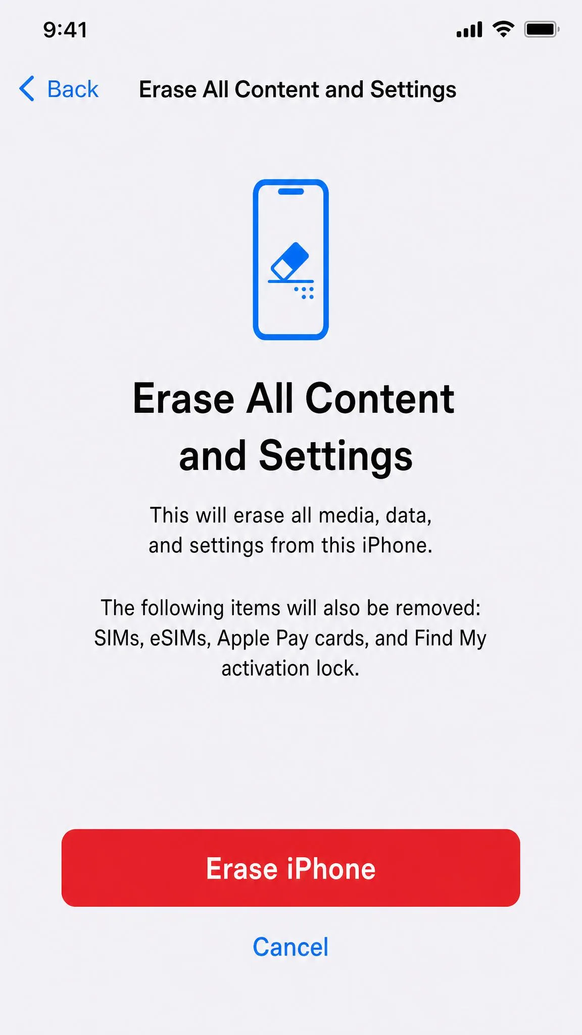 The Erase All Content and Settings confirmation screen on an iPhone showing the red erase button and the data warning above it.