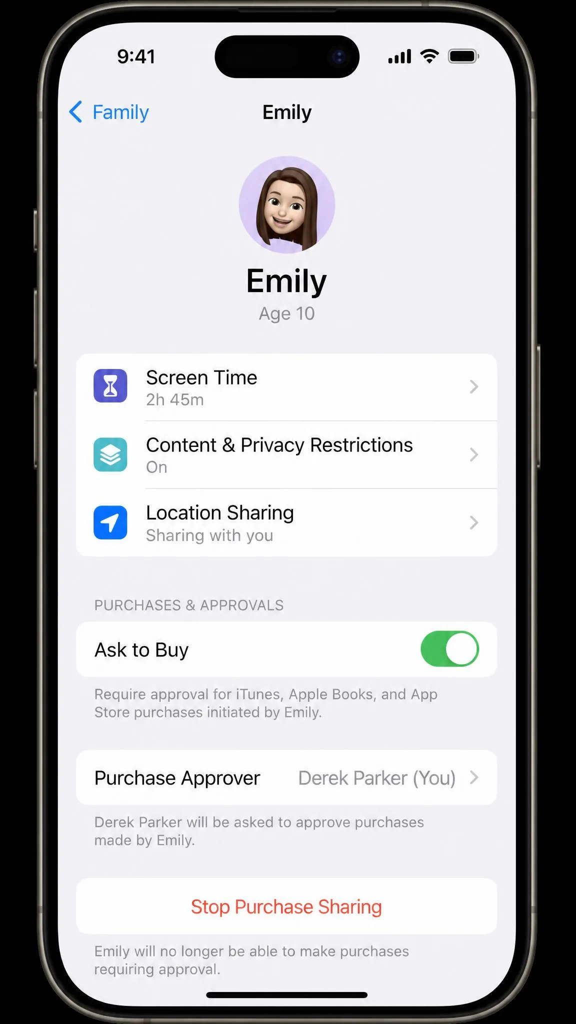 The Family Sharing settings for a child on an iPhone showing the Ask to Buy toggle and the organizer's name listed as the purchase approver.