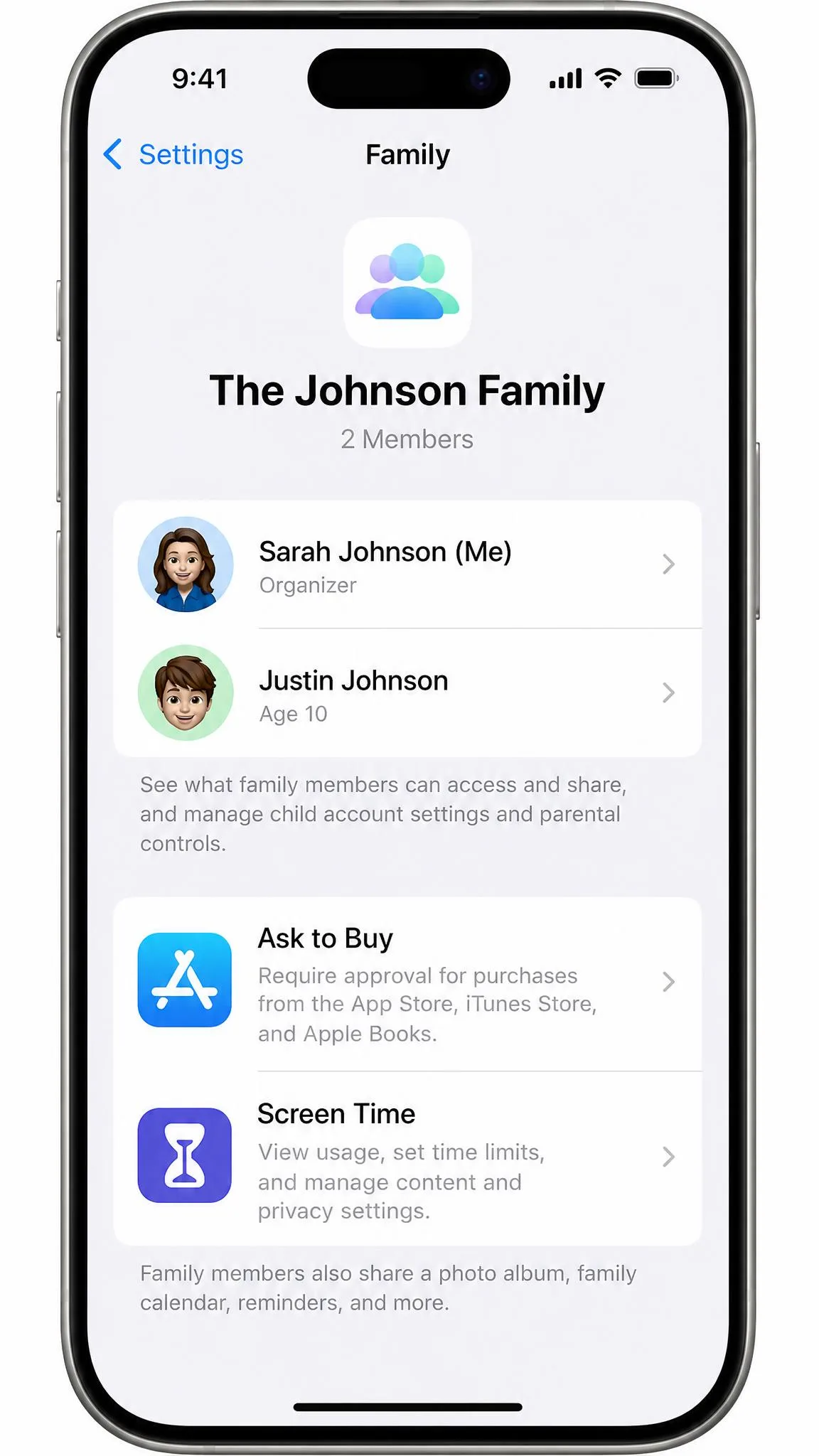 The Family screen on the organizer's iPhone listing the parent as the organizer, the child as a family member, and the Ask to Buy and Screen Time options.