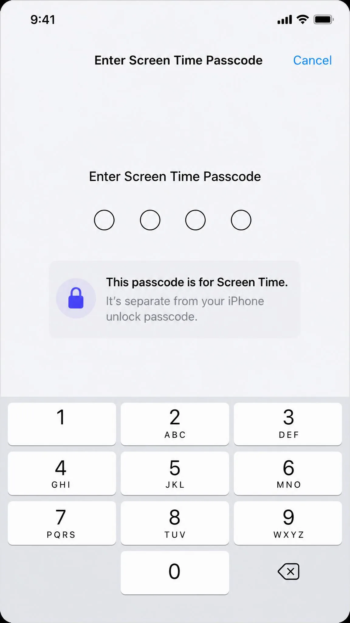 The four-dot Screen Time passcode entry keypad on an iPhone, with a note that the passcode is separate from the device unlock passcode.