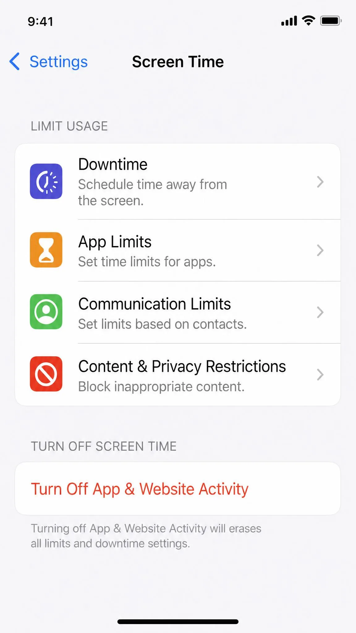 The Screen Time settings screen on an iPhone showing the Downtime, App Limits, Communication Limits, and Content & Privacy Restrictions rows with the Turn Off App & Website Activity button at the bottom.