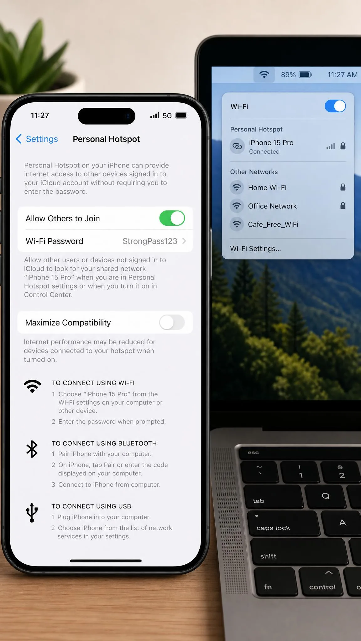 Phone settings screen with the personal hotspot toggle switched on, sharing mobile data with a laptop.