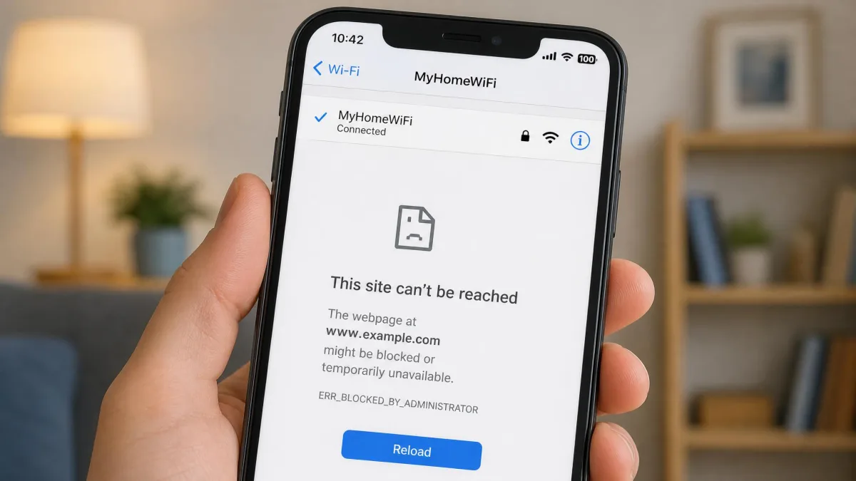 Phone showing a WiFi network connected with a full signal while a web page fails to load, illustrating the first sign of a parental WiFi block.