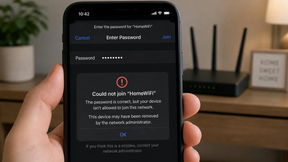 Phone showing a WiFi join error for the home network even when the password is correct, illustrating a device removed by access control.