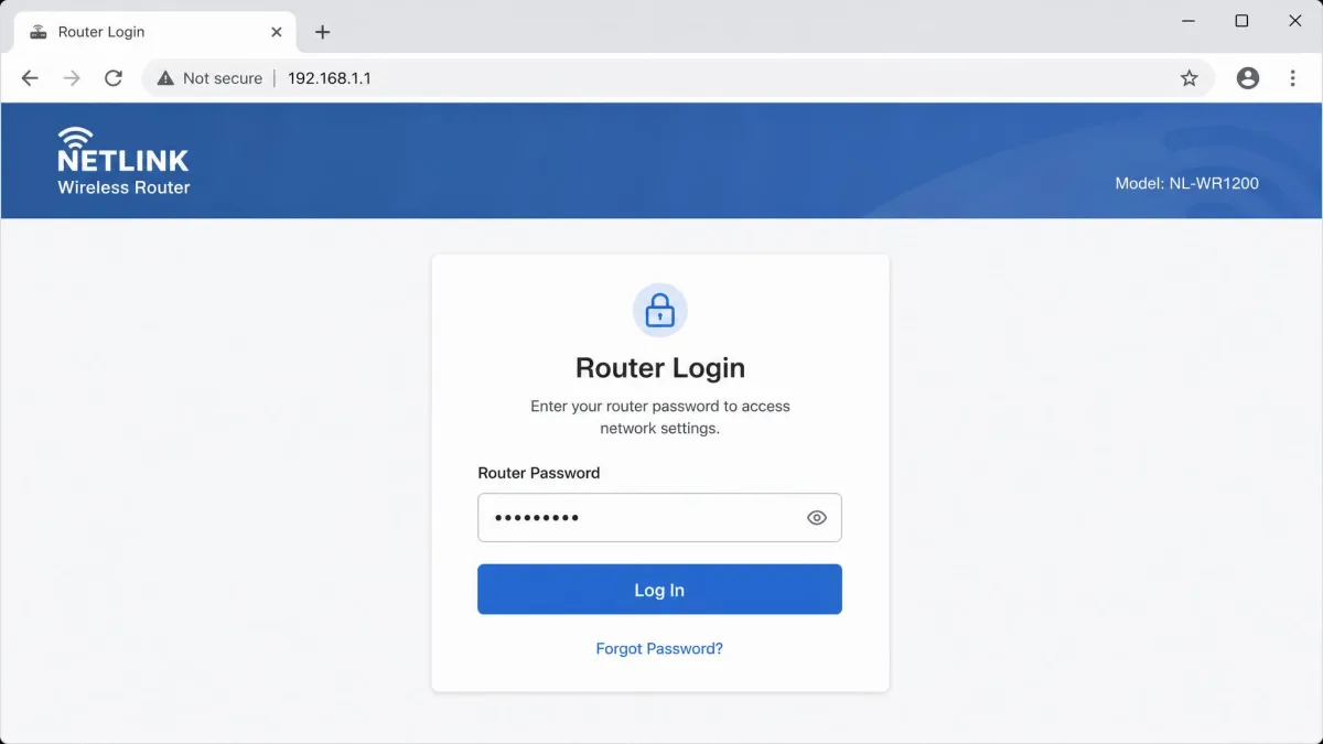 Browser window showing a router's admin login page asking for the router password to open network settings.