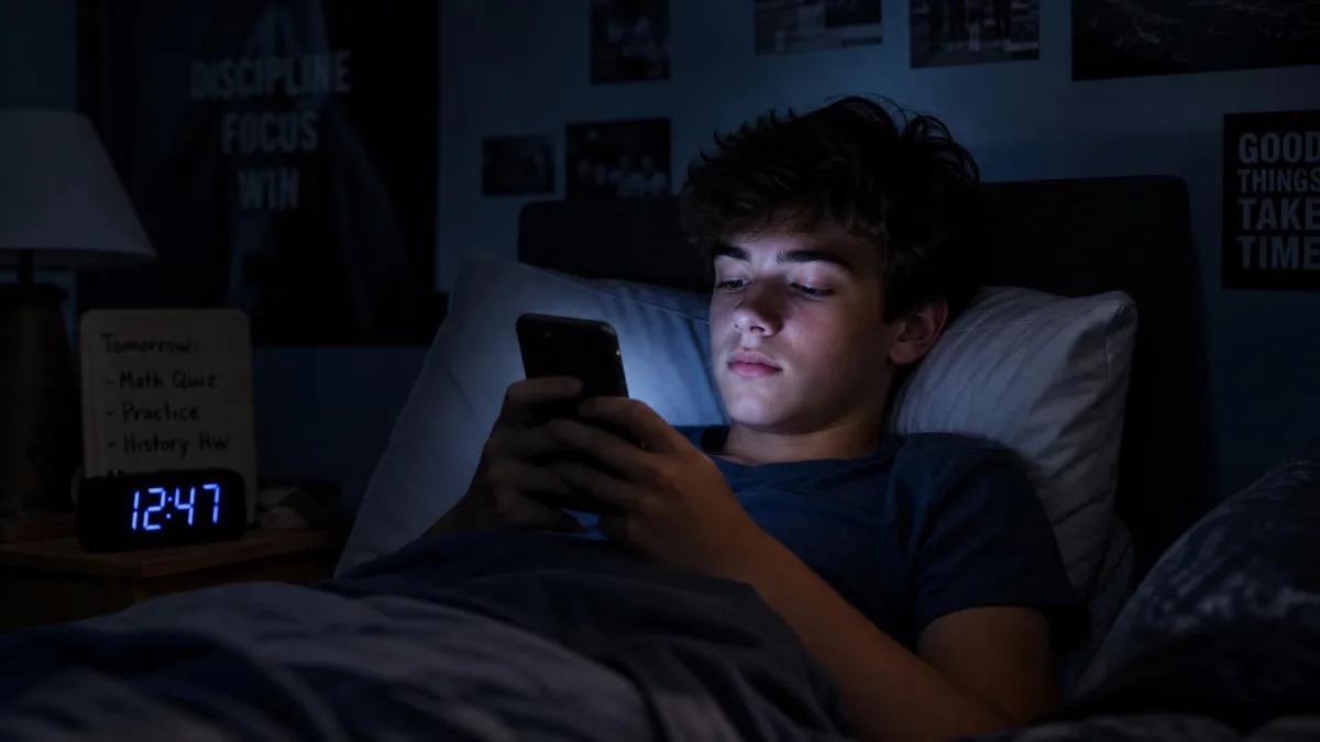 Teen in bed using a phone late at night, illustrating the late-night screen time that often triggers a WiFi cutoff.