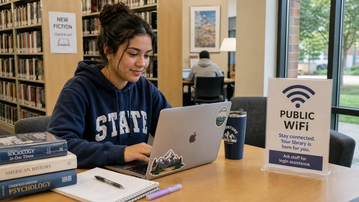 Student working on a laptop at a library table near a public WiFi sign, an option for staying connected while home WiFi is off.