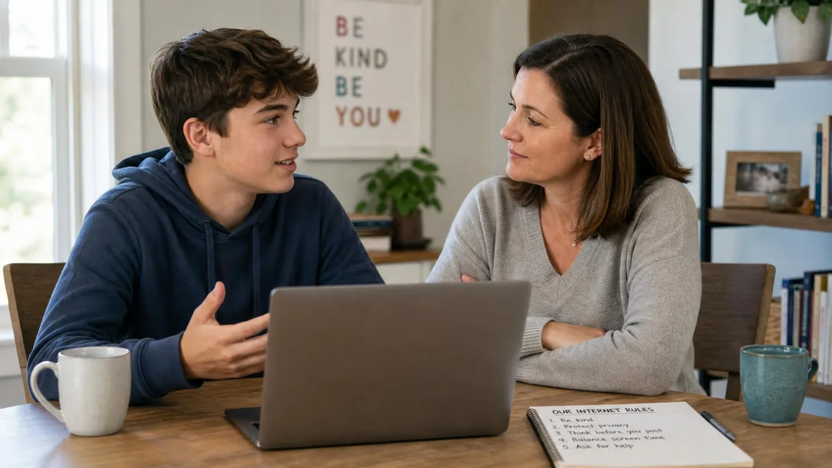Teen sitting with a parent at a table and talking over a laptop, representing a calm conversation about internet rules.