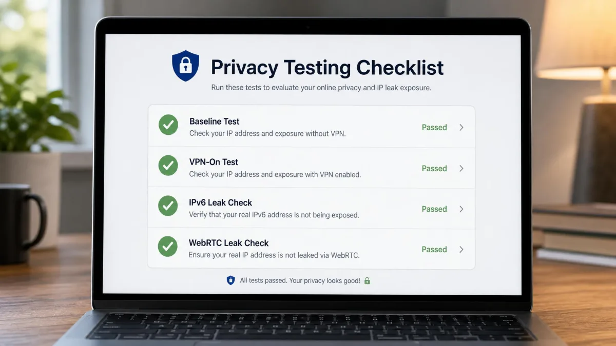 A privacy testing checklist displayed on a laptop screen showing ticked items for baseline test, VPN-on test, IPv6 check, and WebRTC check.