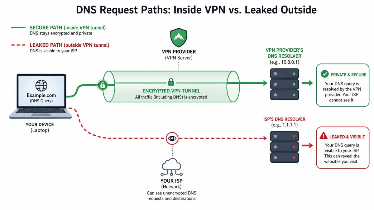 Diagram showing two DNS request paths from a laptop, one flowing safely inside an encrypted VPN tunnel to the VPN provider's resolver and one leaking outside the tunnel to the ISP's resolver.