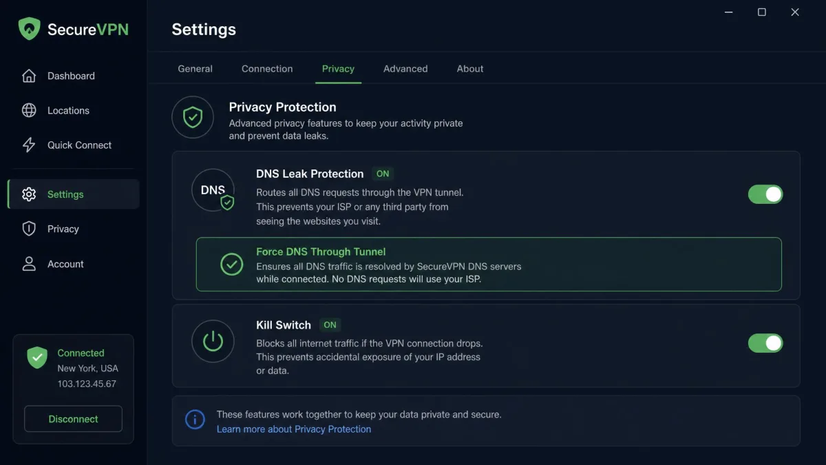 A VPN app settings screen with DNS leak protection and kill switch toggles both switched on, highlighting the privacy options that force DNS through the tunnel.