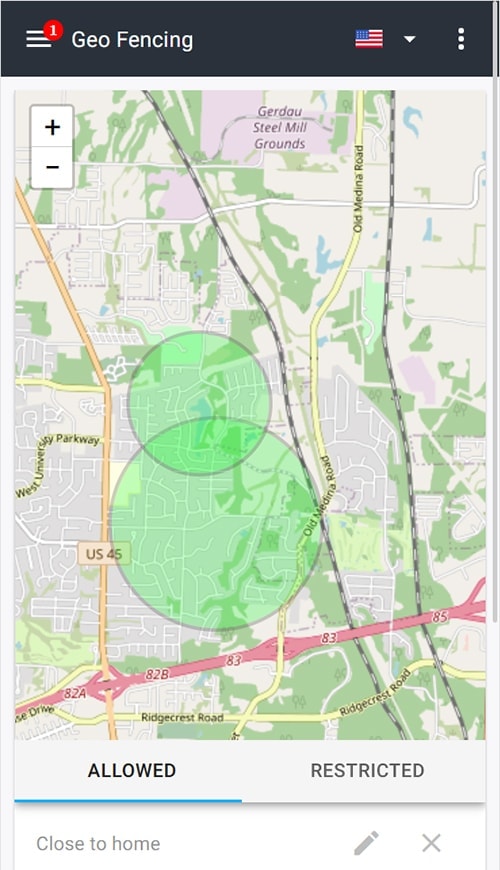 using geofencing to track and Android with mSpy, with 2 permitted areas selected