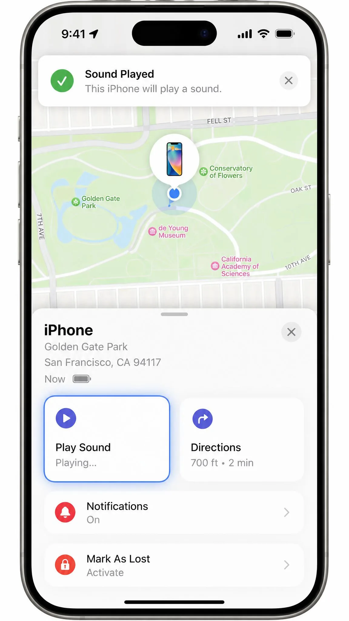 The Find My device panel on an iPhone with the Play Sound button highlighted and a Sound Played confirmation banner at the top.