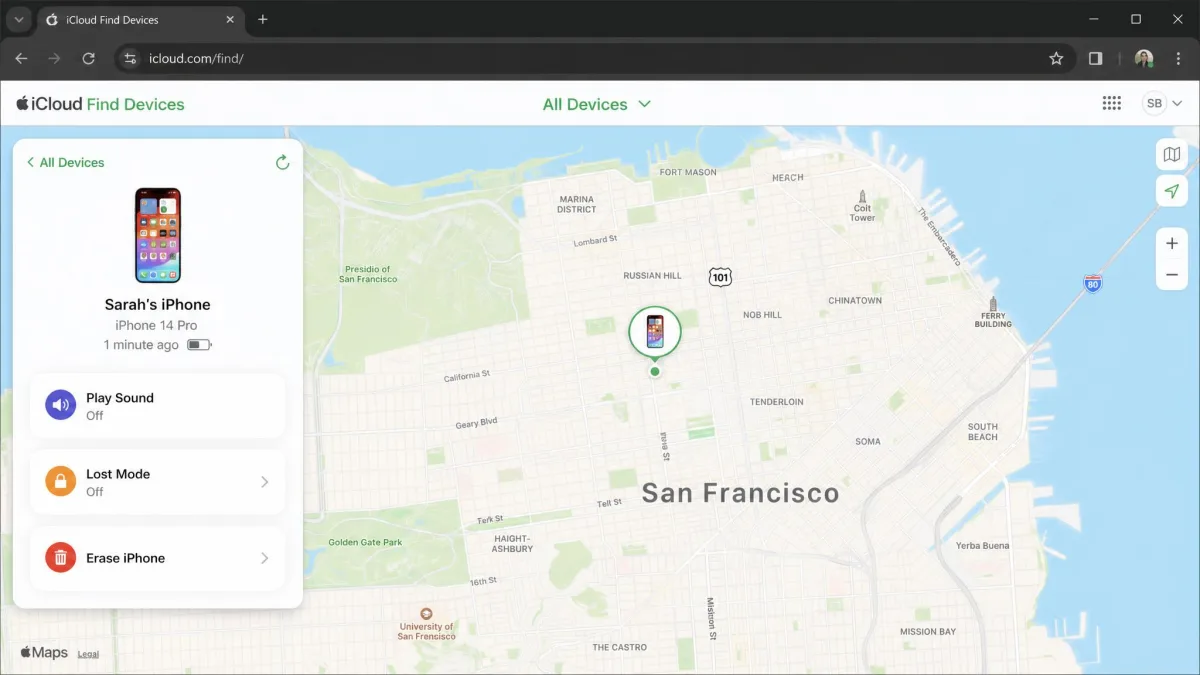 The iCloud.com Find Devices page open in a desktop browser, showing an iPhone pinned on a city map with the Play Sound, Lost Mode, and Erase iPhone buttons beside it.