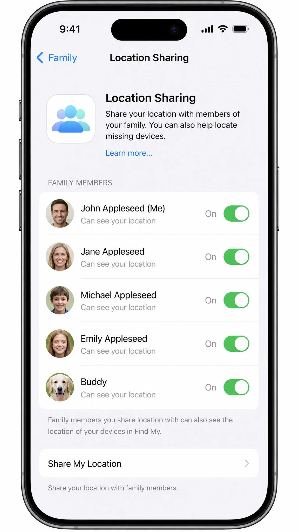 The Family Sharing Location Sharing settings screen on an iPhone, listing family members with their location sharing switched on.