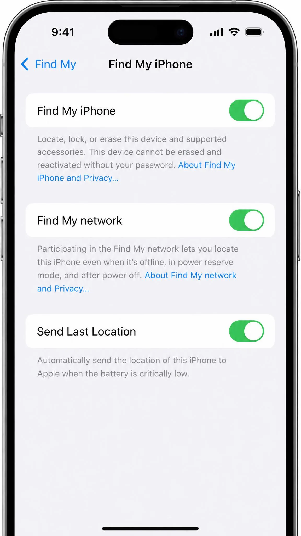 The Find My iPhone settings screen on an iPhone showing the Find My iPhone, Find My network, and Send Last Location toggles all switched on.