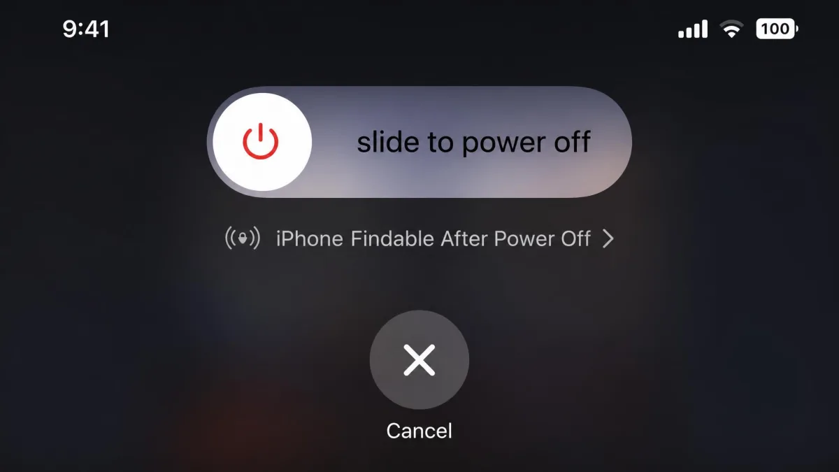 An iPhone power-off screen showing the slide to power off control with the text iPhone Findable After Power Off displayed underneath it.