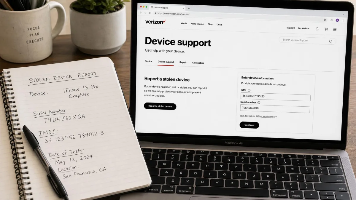 A notebook page listing an iPhone serial number and IMEI beside a laptop showing a carrier support page, ready for a stolen-device report.