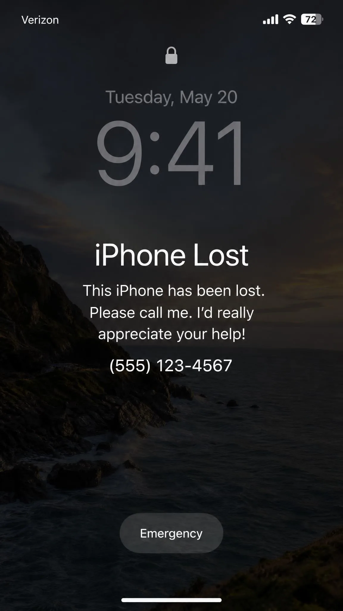 An iPhone lock screen in Lost Mode displaying a custom owner message and a contact phone number over a dimmed wallpaper.