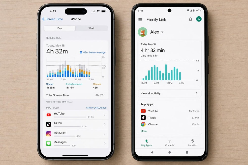Apple Screen Time on an iPhone beside Google Family Link on an Android phone, each showing a daily screen-time summary chart.
