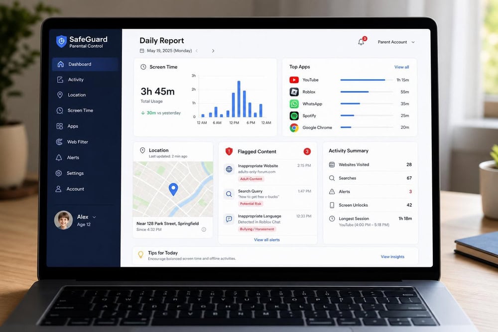A parental control app dashboard on a laptop showing a child's daily activity report with an app-usage breakdown, location map, and flagged-content alerts.