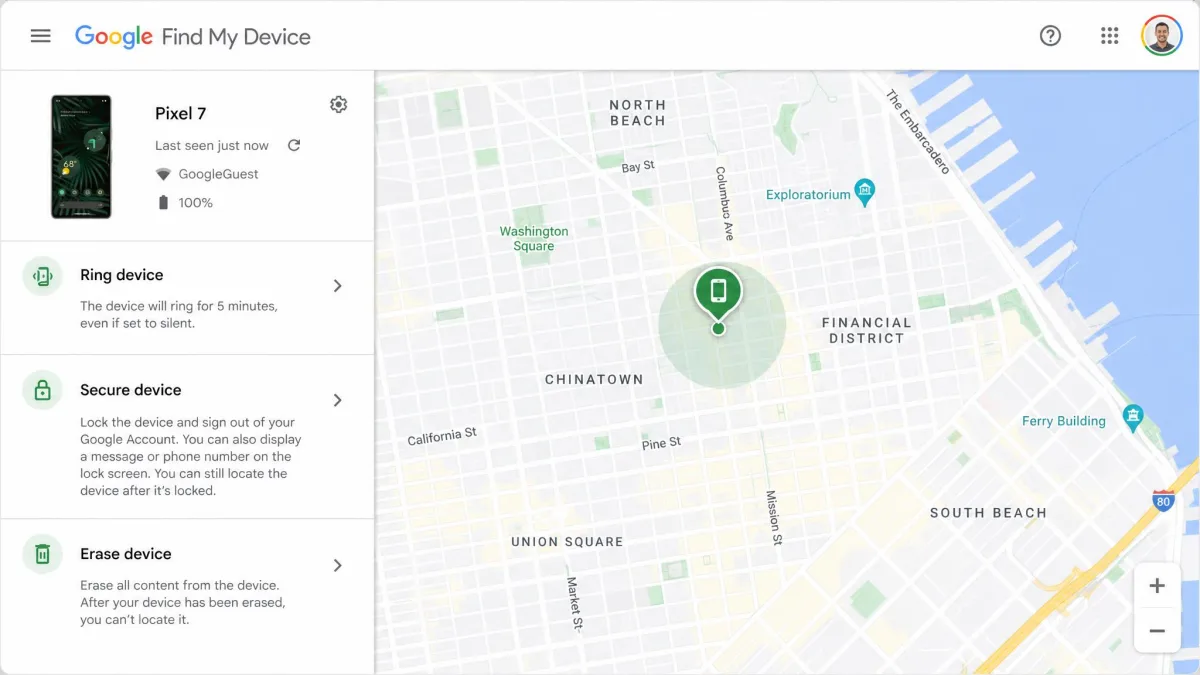 Google Find My Device web interface showing a Pixel phone pinned on a street map with the ring, secure device, and erase action buttons in the left sidebar.
