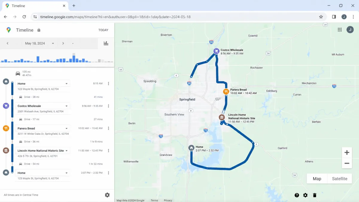 Google Maps Timeline open in a desktop browser showing a day's route with several visited locations listed down the left side and a highlighted path on the map.