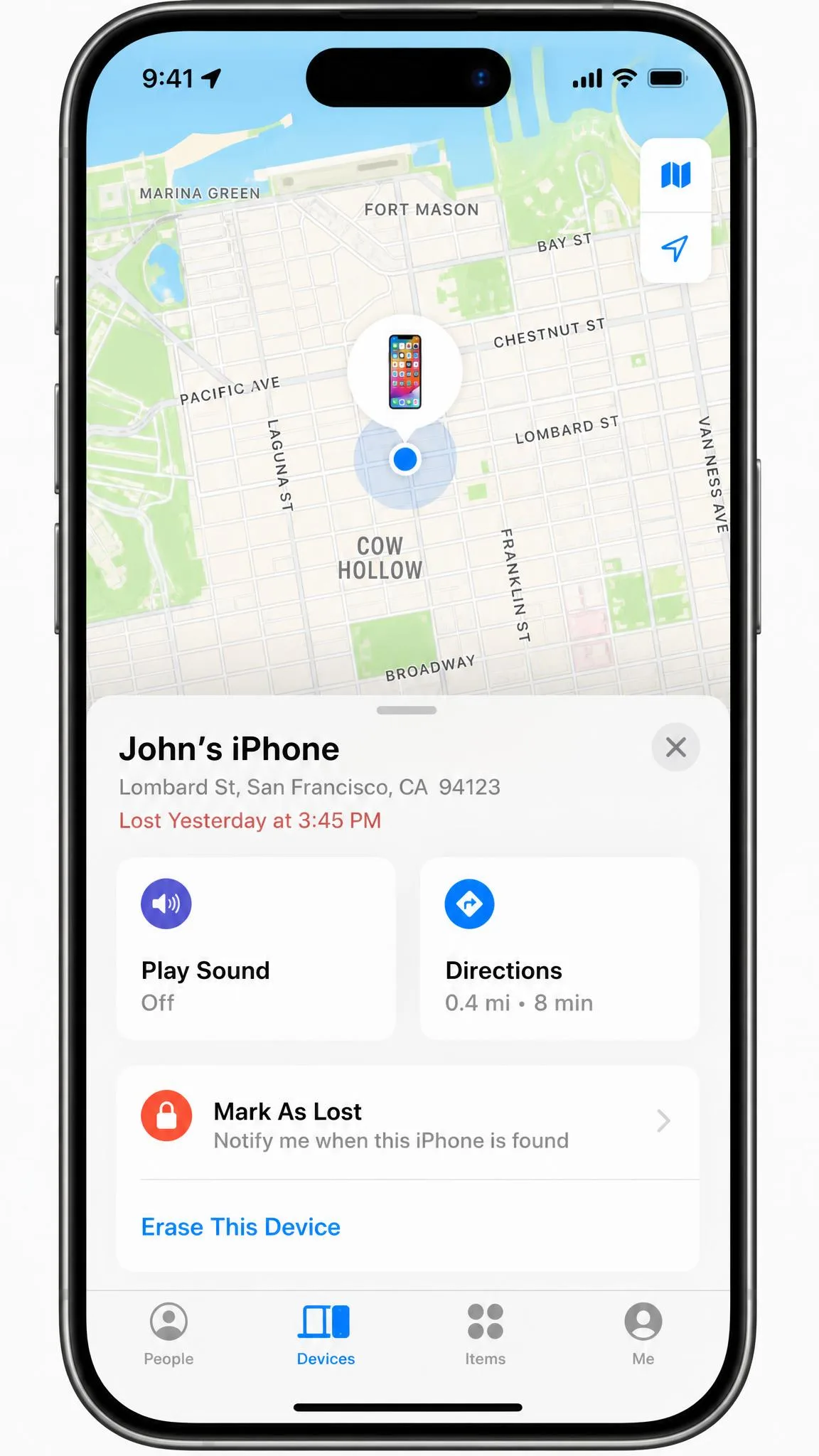 The Find My app on an iPhone showing the Devices tab with a lost iPhone marked on a map and the Play Sound, Directions, and Mark As Lost options in a sheet.