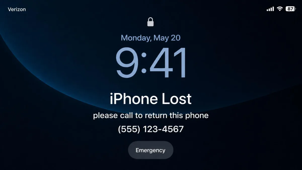 An iPhone lock screen in Lost Mode showing a custom message that reads please call to return this phone with a callback phone number below it.