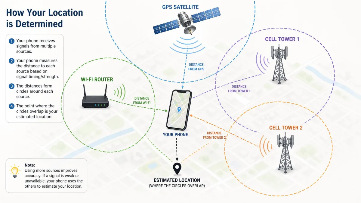 Diagram of a smartphone receiving location signals from a GPS satellite overhead, a nearby Wi-Fi router, and two cell towers, illustrating how a position is triangulated.