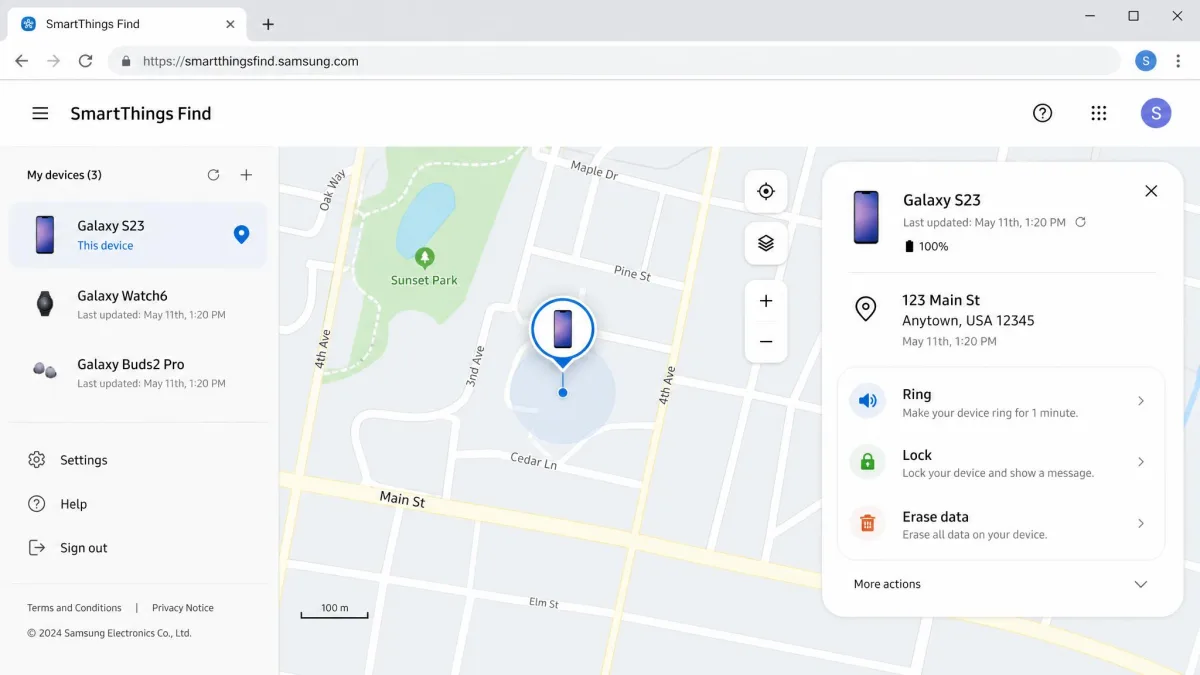 Samsung SmartThings Find open in a browser showing a Galaxy phone pinned on a map with ring, lock, and erase data buttons in the panel.