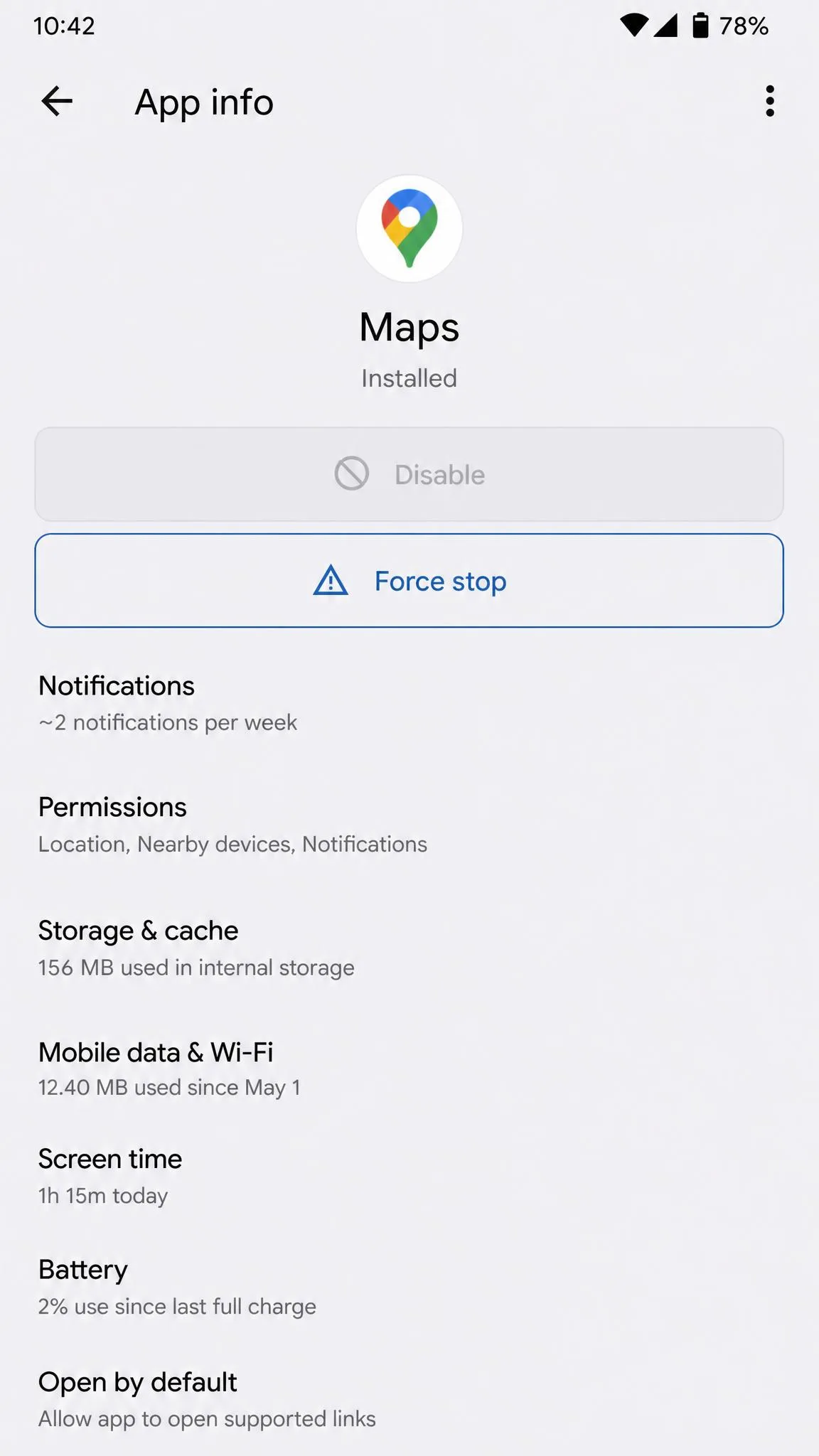 The App info screen on Android with the Disable button grayed out and the Force stop button active below it.