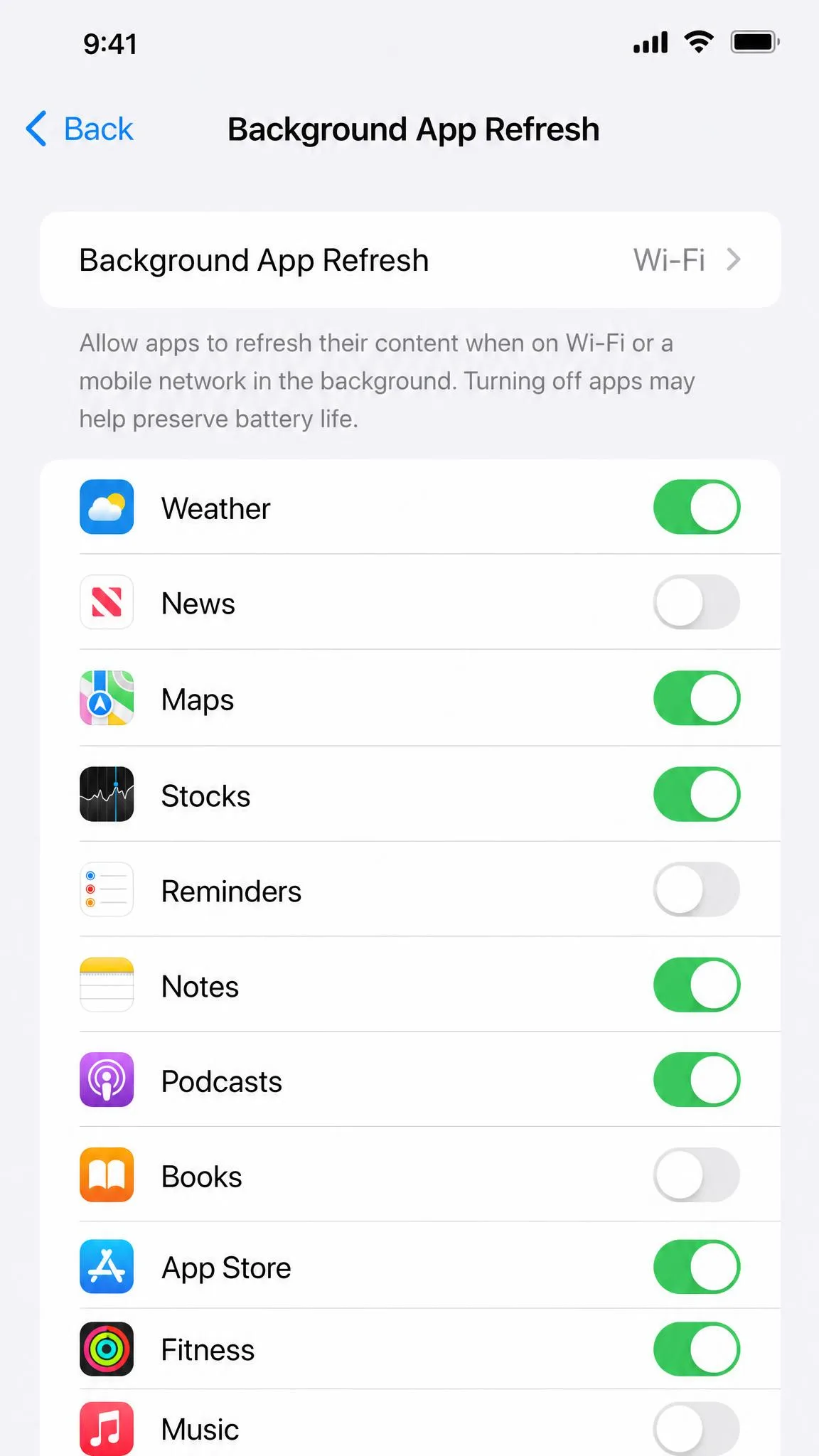 The Background App Refresh settings on an iPhone listing apps with individual toggles and a Wi-Fi option at the top.