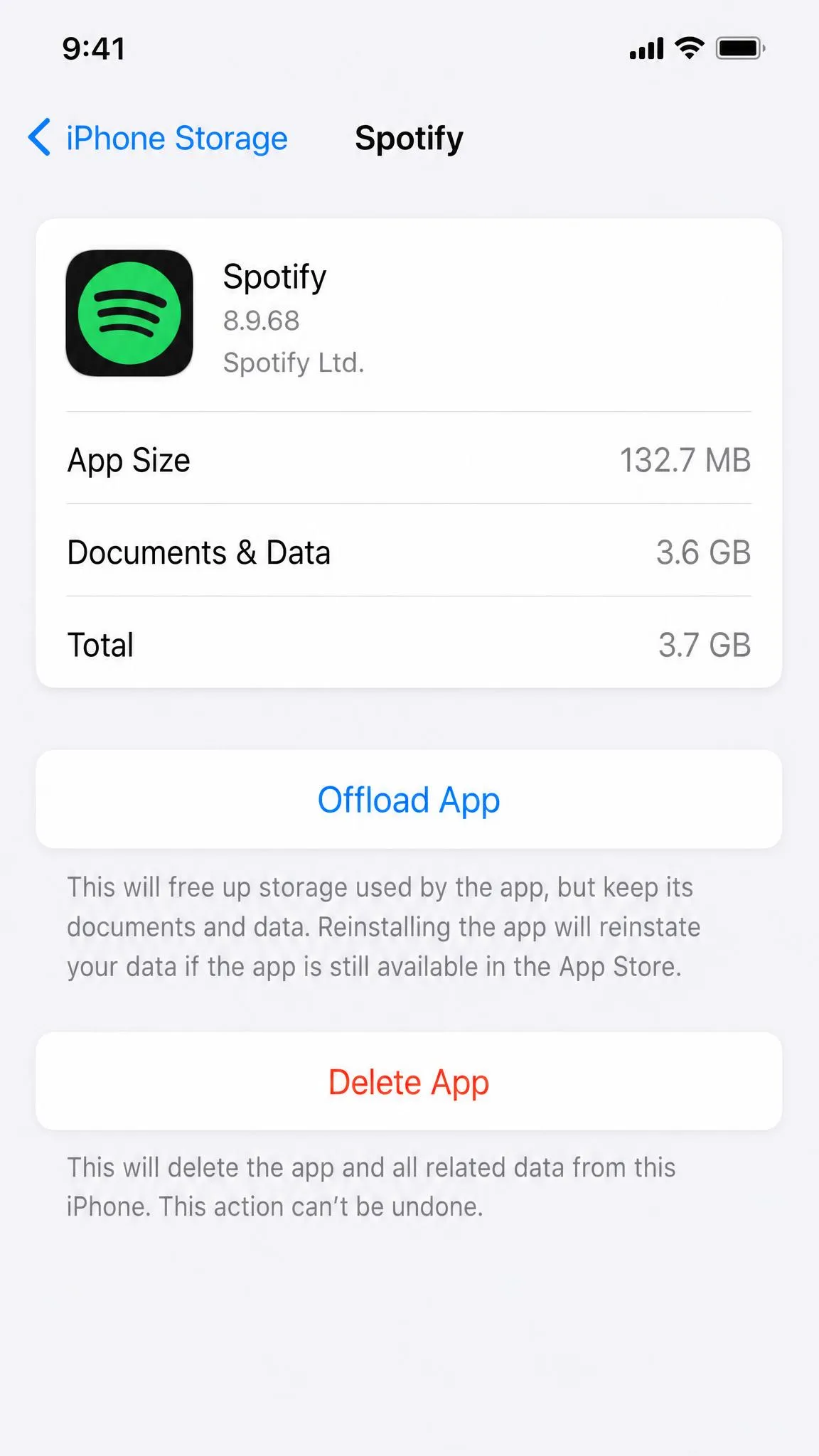 The iPhone Storage screen in Settings with the Offload App button visible on a selected app's detail page.
