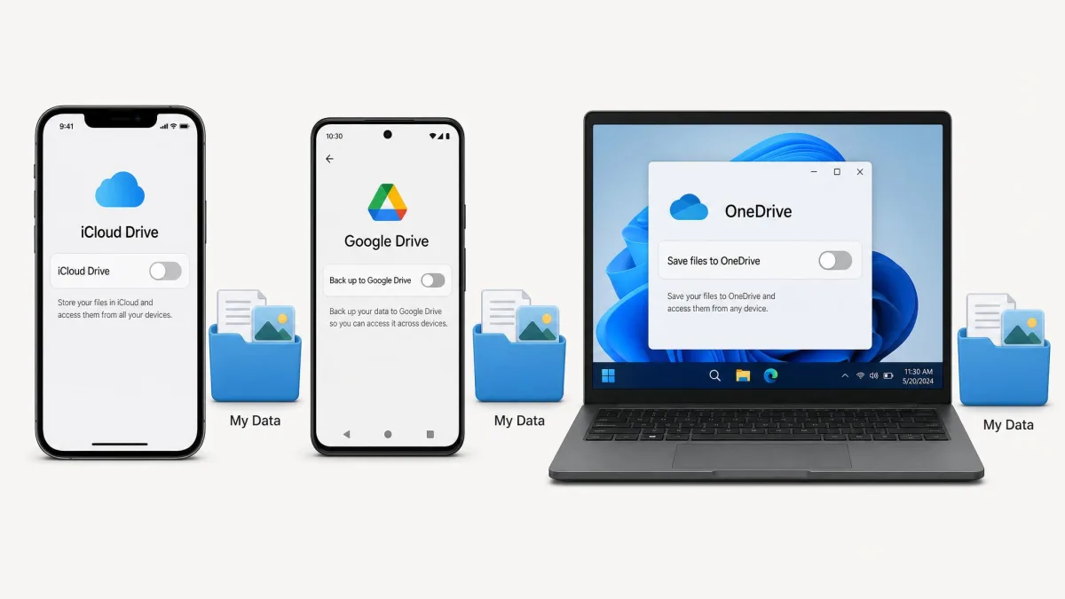 An illustration showing an iPhone, an Android phone, and a Windows laptop, each with a toggle switched to off while a data folder stays intact beside it.