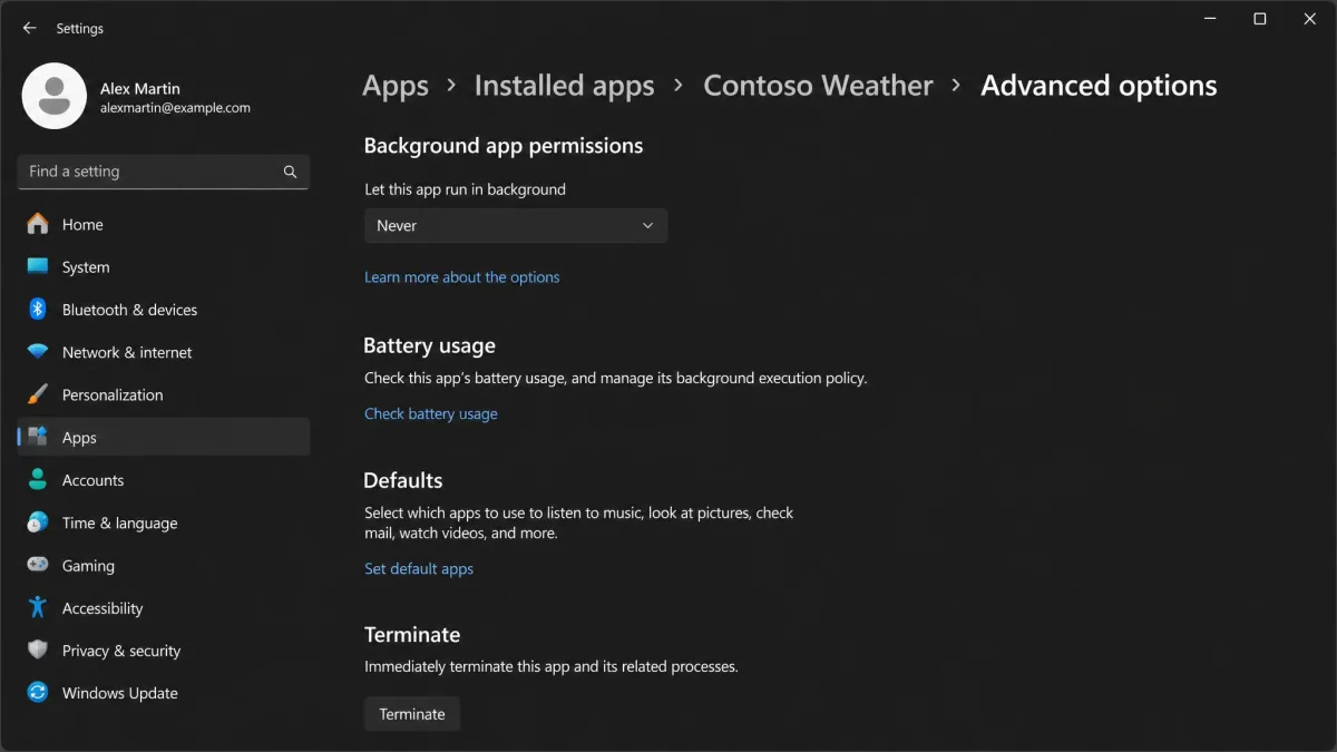 The Advanced options page for an app in Windows Settings with Background app permissions set to Never.