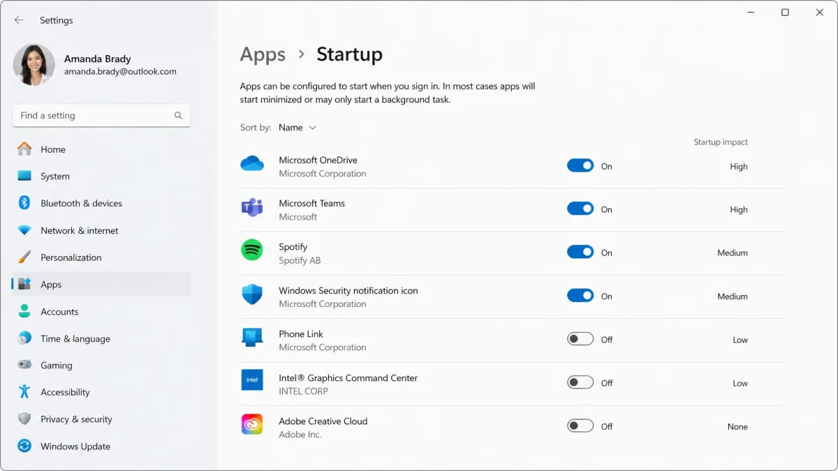 The Startup page in Windows Settings listing apps that launch at sign-in, each with a toggle and a startup impact rating.