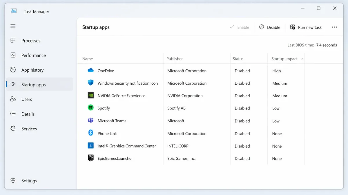 The Startup apps tab in Windows Task Manager with apps set to Disabled and a Startup impact column.