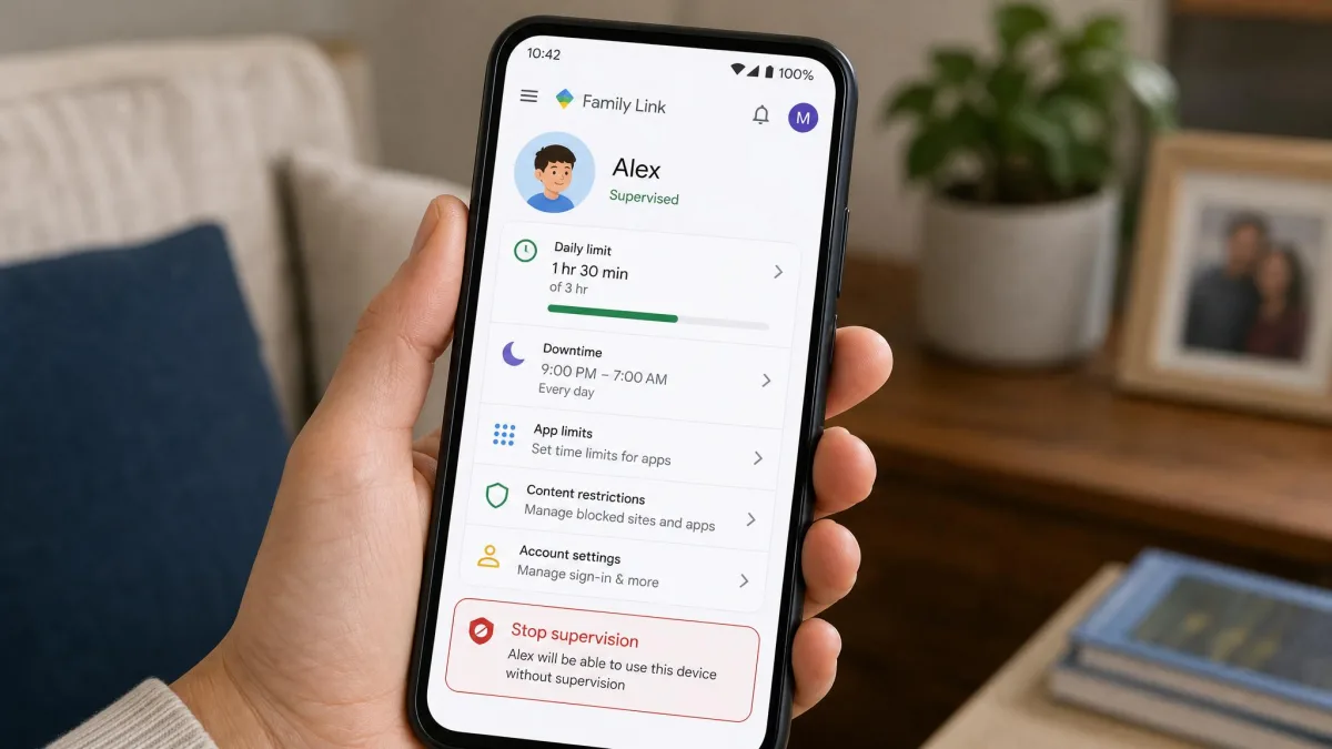 A parent's phone showing the Family Link app with the child's supervision controls and the Stop supervision option.