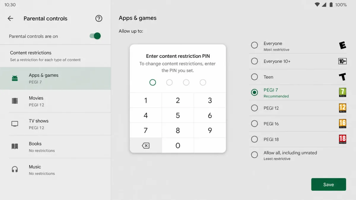 The Google Play Store parental controls screen showing the content restriction PIN entry prompt with age-rating filters for apps and games.