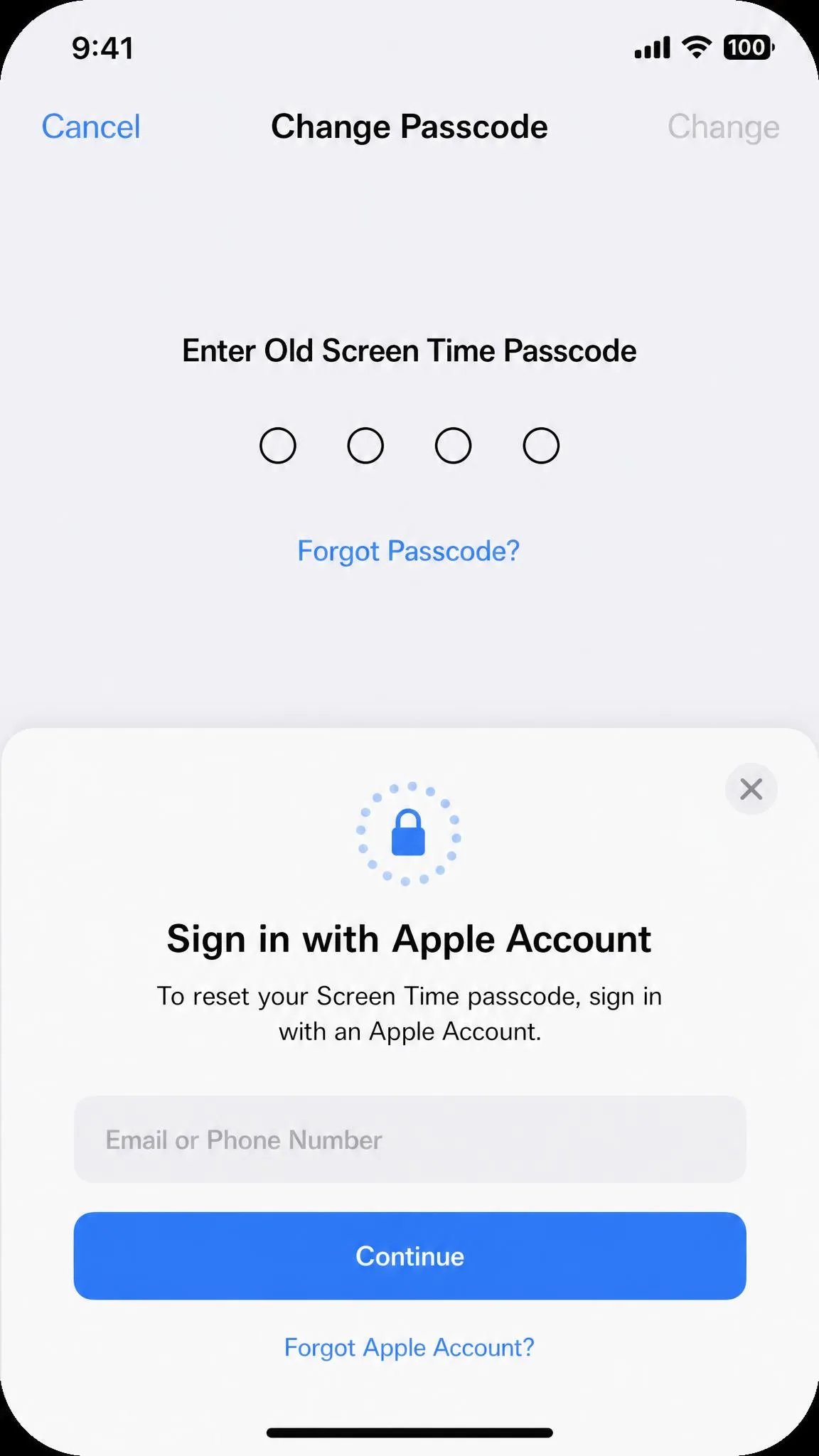 The iPhone Screen Time change passcode screen showing the Forgot Passcode option and the Apple Account sign-in prompt.