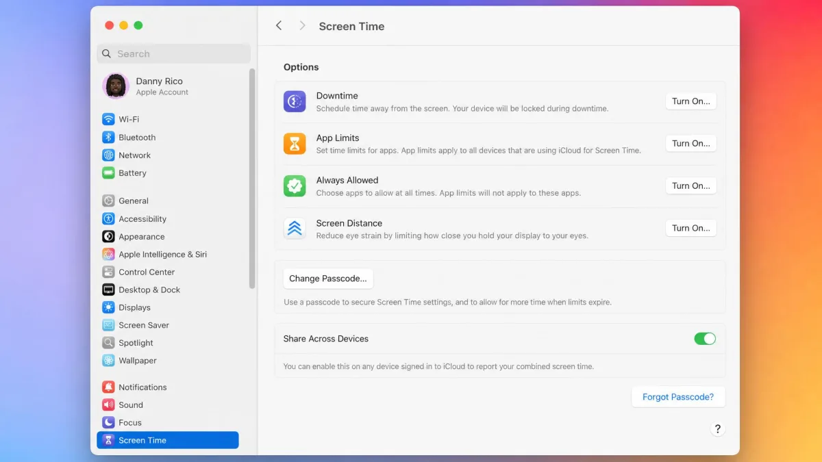 The Screen Time Options screen on macOS showing the Change Passcode button and the Forgot Passcode link.