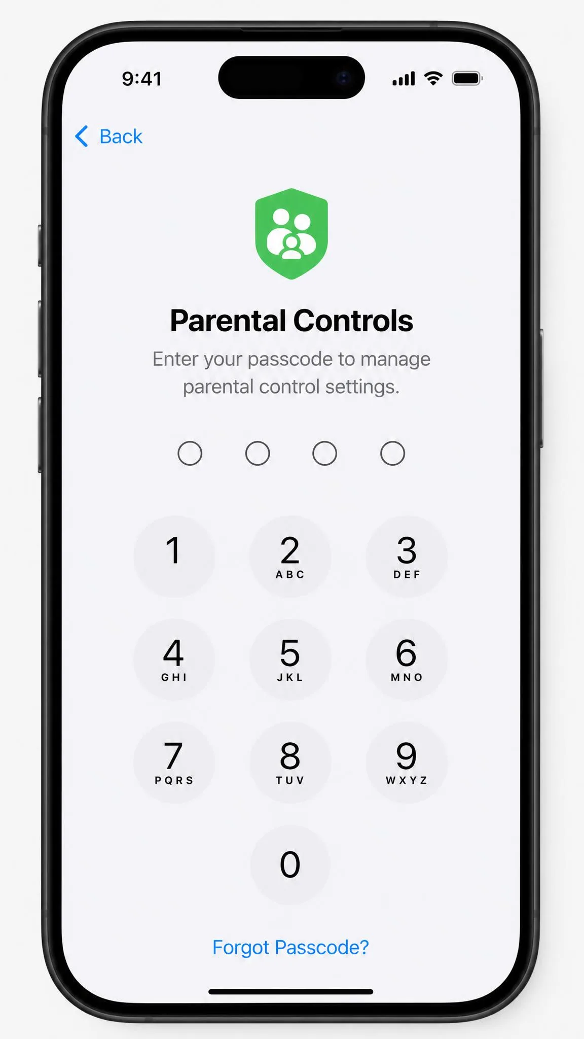 A smartphone showing a parental control passcode entry screen with a Forgot Passcode link.