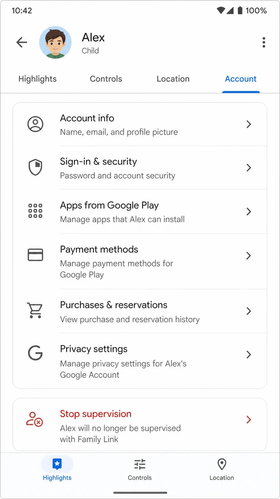 Google Family Link app open to a child profile's account settings with the Stop supervision option listed near the bottom.